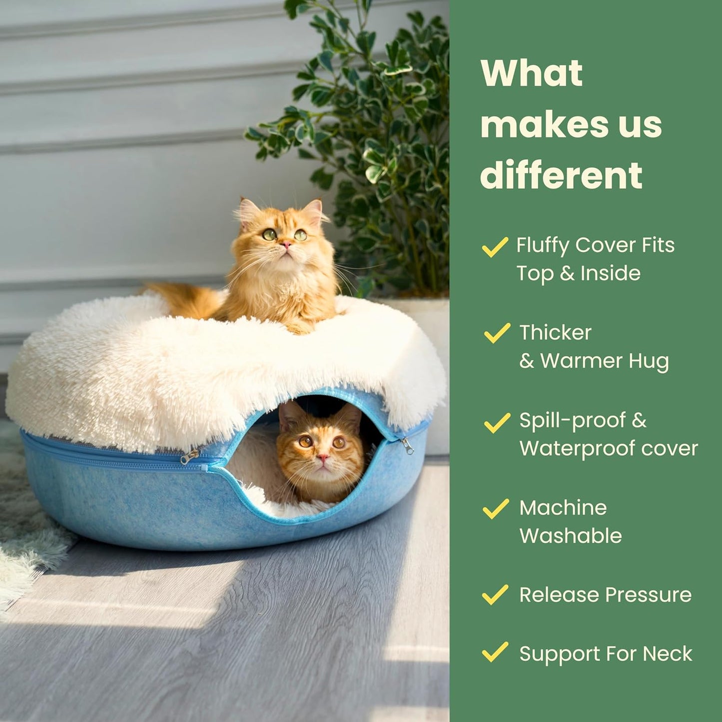 CATTASAURUS Peekaboo Cat Cave for Multiple & Large Cats Up to 30-45 Lbs, Fluffy Cat Beds for Indoor Cats, Scratch Detachable & Washable Tunnel Bed, Comfy Donut Cat Cave (Blue, Large (Calming)) - Pet Explorer