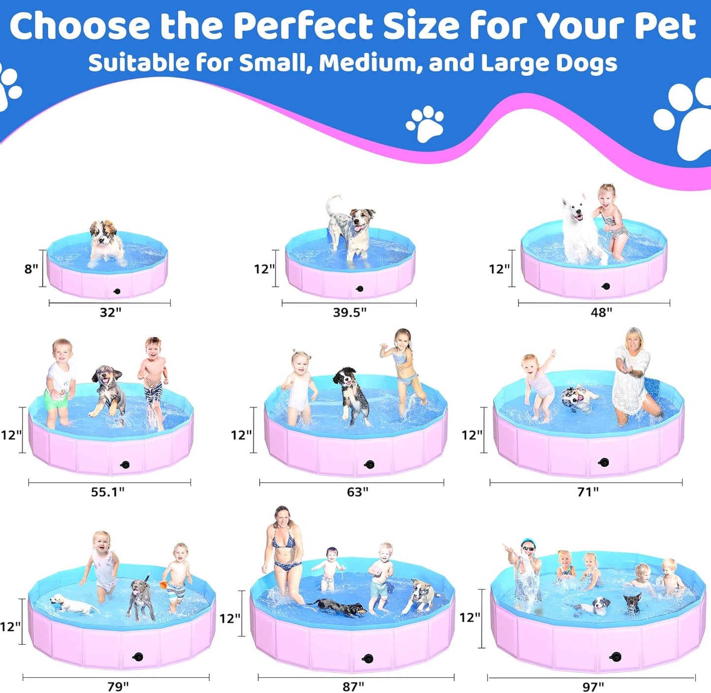 2025 Updated Foldable Dog Pool, 97" x 12" Kiddie Pool with Hard Plastic, Non-Slip Dog Bath Tub for Outdoor Backyard, Collapsible Dog Swimming Pool for Kids Dogs Pets (Pink) - Pet Explorer
