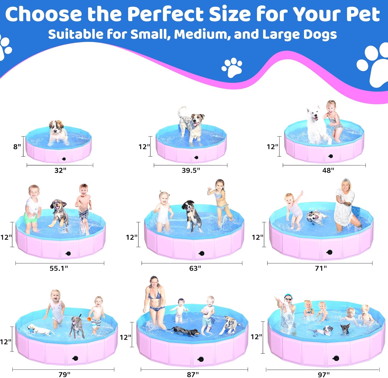 2025 Updated Foldable Dog Pool, 55" x 12" Kiddie Pool with Hard Plastic, Non-Slip Dog Bath Tub for Outdoor Backyard, Collapsible Dog Swimming Pool for Kids Dogs Pets (Pink) - Pet Explorer