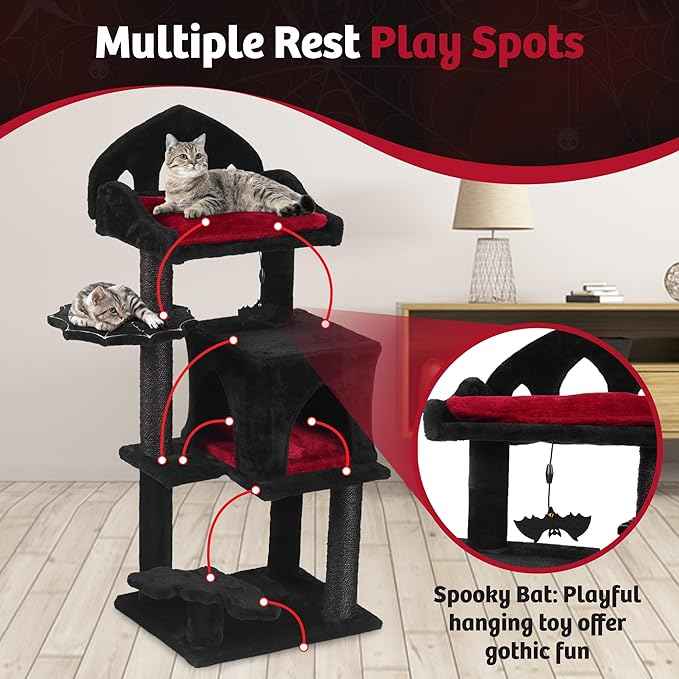 Gothic Cat Tree - 40" Goth Cat Bed, Spacious Condo, Spooky Hanging Bat, Durable Sisal Scratching Post - Elegant Black Cat Tree for Majestic Felines
