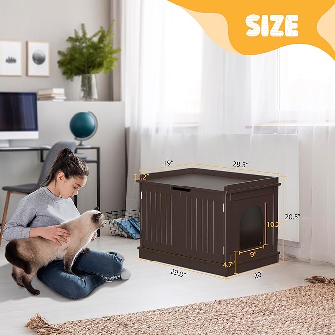 ZENY Cat Litter Box Enclosure Furniture Hidden, Wooden Cabinet with Divider, Modern Cat Washroom Storage Bench，Fit Most of Litter Box, Brown