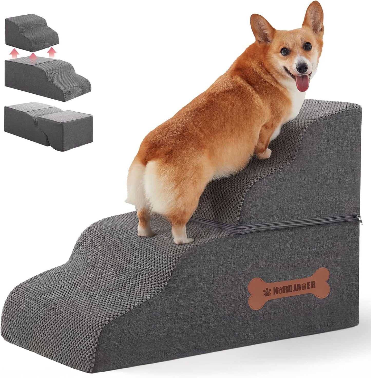 Dog Stairs 4 Steps for Small Dogs and Cats to Get on High Beds, Couch or Car, Pets Can Climb, Sit, Lie Down or Perch to Look Out Windows on The Spliceable Ramp, Provides Support, Grey（19" H） - Pet Explorer