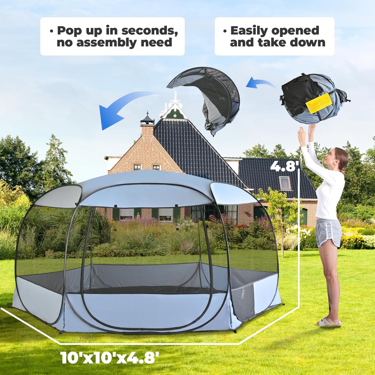 XXLarge Popup Portable Dog Houses, 10'x4.8'H Assembly-Free Gazebo-Style Kennel Dog Playpen Pet Screen Tent Sun Shade Shelter, Dog Crates Canopy for Travel Camping Anti-Bugs with Leakproof Bottom - Pet Explorer