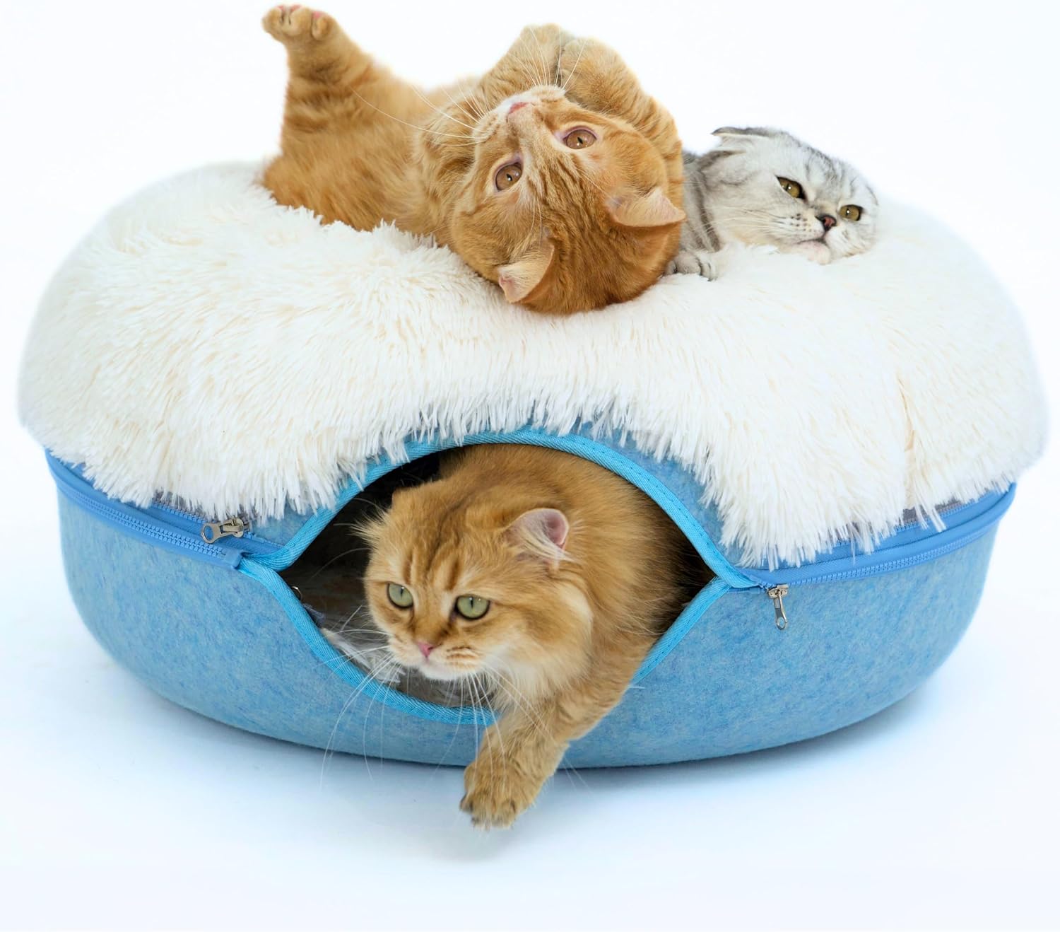 CATTASAURUS Peekaboo Cat Cave for Multiple & Large Cats Up to 30-45 Lbs, Fluffy Cat Beds for Indoor Cats, Scratch Detachable & Washable Tunnel Bed, Comfy Donut Cat Cave (Blue, Large (Calming)) - Pet Explorer