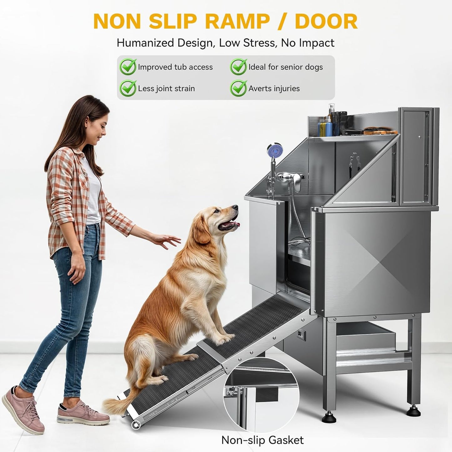 DWVO Professional Dog Bathing Station Stainless Steel 304 Dog Bathtub 50in for Grooming w/Left Door Ramp, 2 Storage Drawers, Faucet, Grate, Pet Washing Station for Large, Medium, Small Pets - Pet Explorer