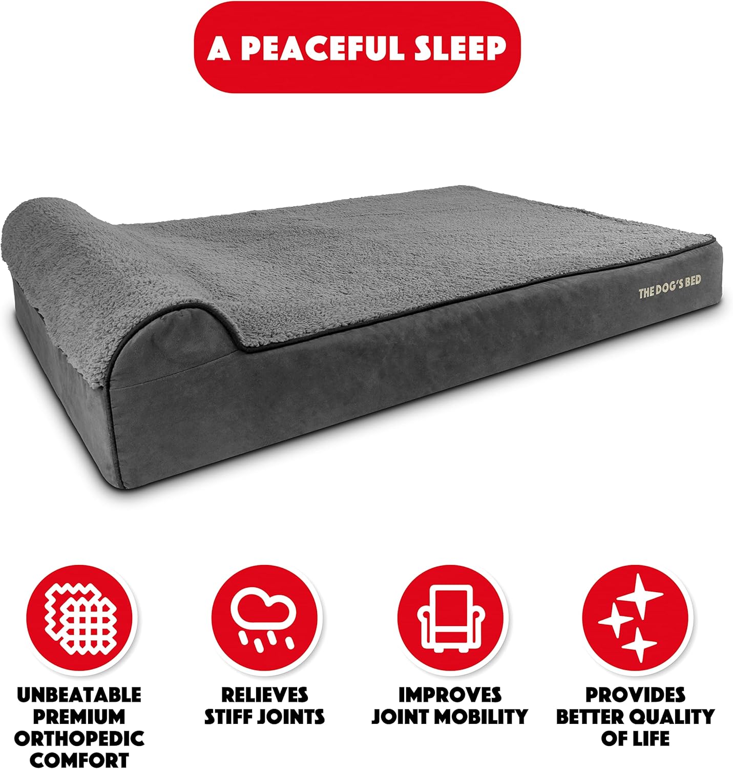 The Dog’s Bed Orthopedic Headrest Dog Bed XXL Grey Plush 54x36, Memory Foam, Pain Relief for Arthritis, Hip & Elbow Dysplasia, Post Surgery, Lameness, Veterinary Approved, Waterproof Washable Cover - Pet Explorer