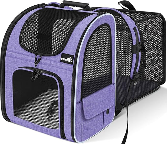 Pecute Cat Backpack Carrier Expandable, Pet Backpack for Cats & Small Dogs Up to 11lbs, with 4-Side Breathable Mesh, Multi-Entry & Lockable Zippers for Travel, Hiking, Camping - Hands Free, Purple