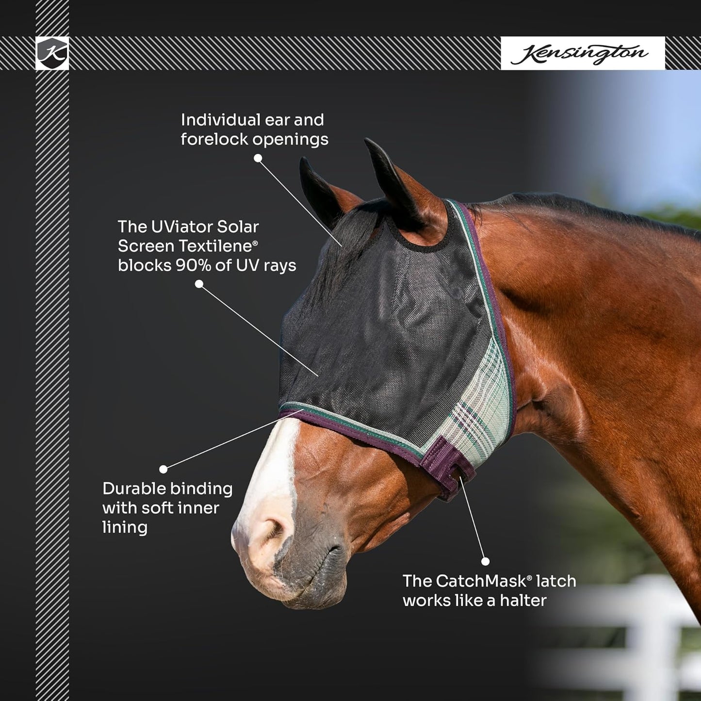 Kensington 90% UV Fly Mask Halter CatchMask UViator - Without Ears & Forelock Freedom Web Trim *Roomy Fit*- Large, Imperial Jade