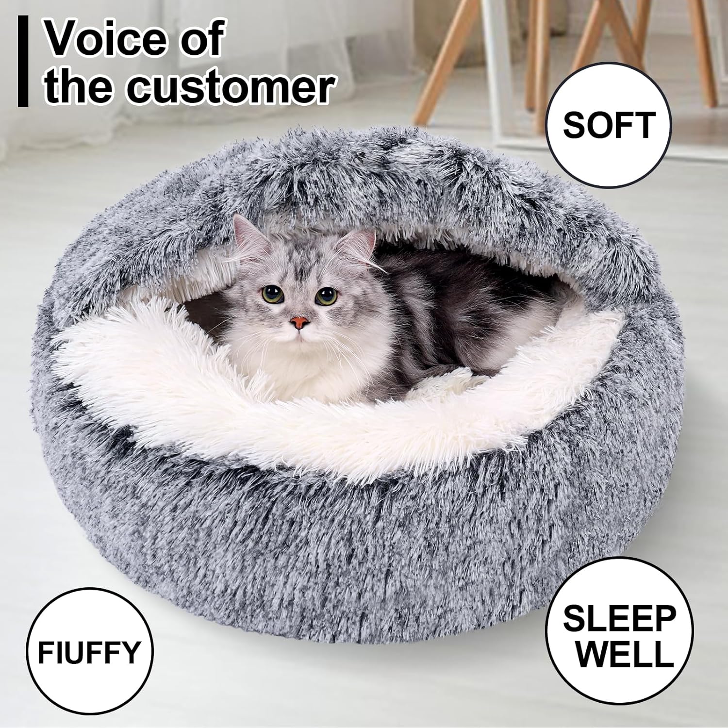 MADDEMCUTE Calming Dog & Cat Cave Bed With Hooded Cover, Removable Washable Round for Small Medium Pets, Anti-Slip Faux Fur Fluffy Coved for Improved Sleep, Fits up to 15/25 lbs (Grey, S) - Pet Explorer