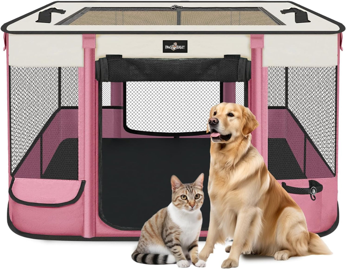 Foldable Pet Kitten Playpen, Upgrade Waterproof Portable Cat Dog Playpen Kennel Tent for Small Dog Cat, Removable Shade Cover, Come with Free Carrying Case, Indoor Outdoor Use for Small Pet, Pink - Pet Explorer