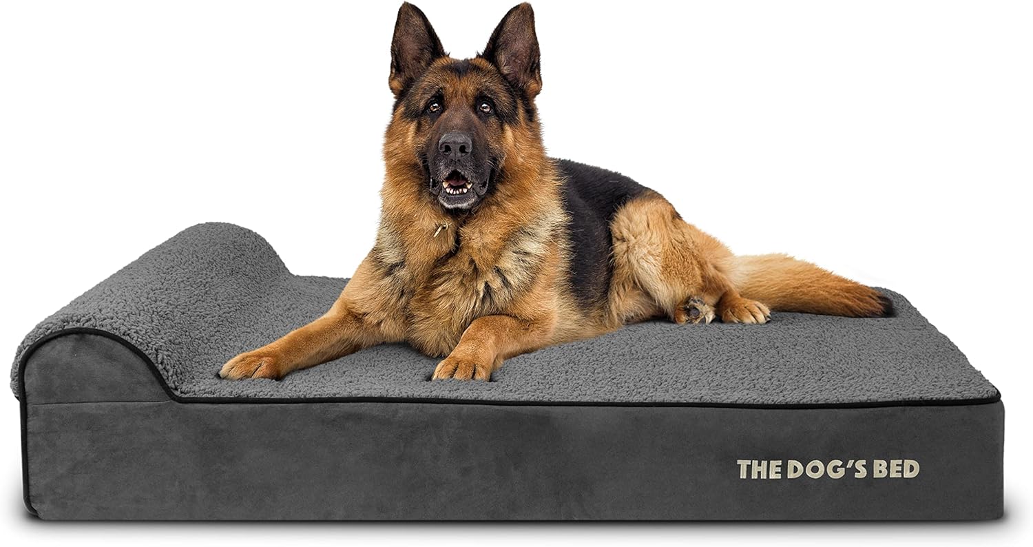 The Dog’s Bed Orthopedic Headrest Dog Bed XL Grey Plush 46x28, Memory Foam, Pain Relief for Arthritis, Hip & Elbow Dysplasia, Post Surgery, Lameness, Veterinary Approved, Waterproof Washable Cover - Pet Explorer