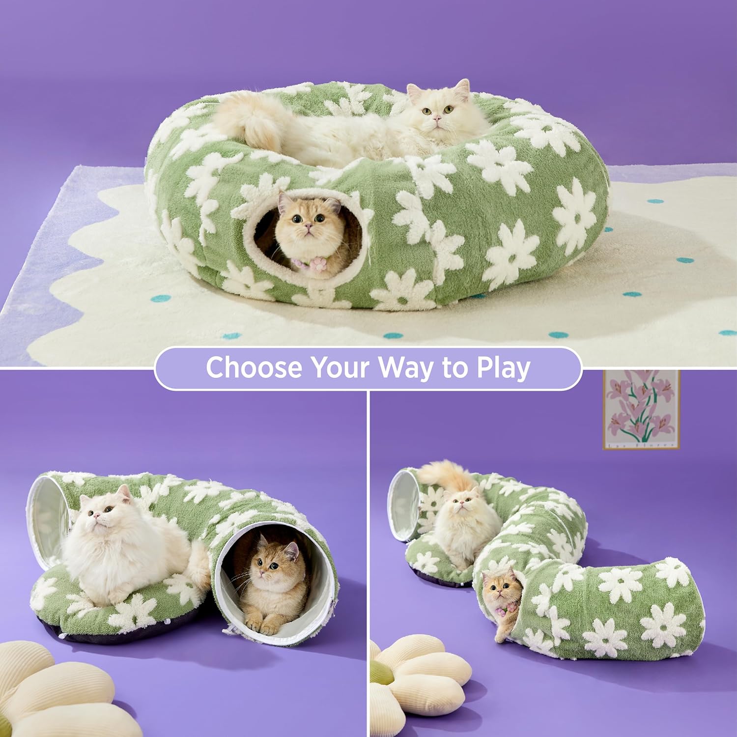 Lesure Cat Tunnel Bed for Indoor Cats - Cute Cat Donut Tunnel Toys for Small Large Cats with Washable Circle Cushion, Round Pet Peekaboo Cave Toy for Kitten/Puppy/Rabbit, Standard Green - Pet Explorer