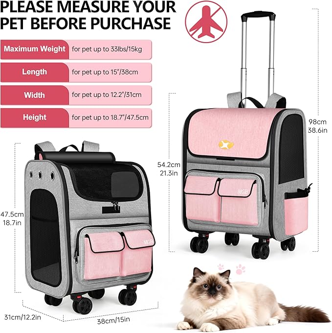 MGB Large Pet Carrier, Foldable Rolling Dog Carrier with Removable Wheels, Cat Rolling Bag 21.3"x15"x12.6" for 2 Cats & 1 Dog for Travel, Outdoor, Vet Visits, Camping, Indoor. Pink. (Not for Airline)