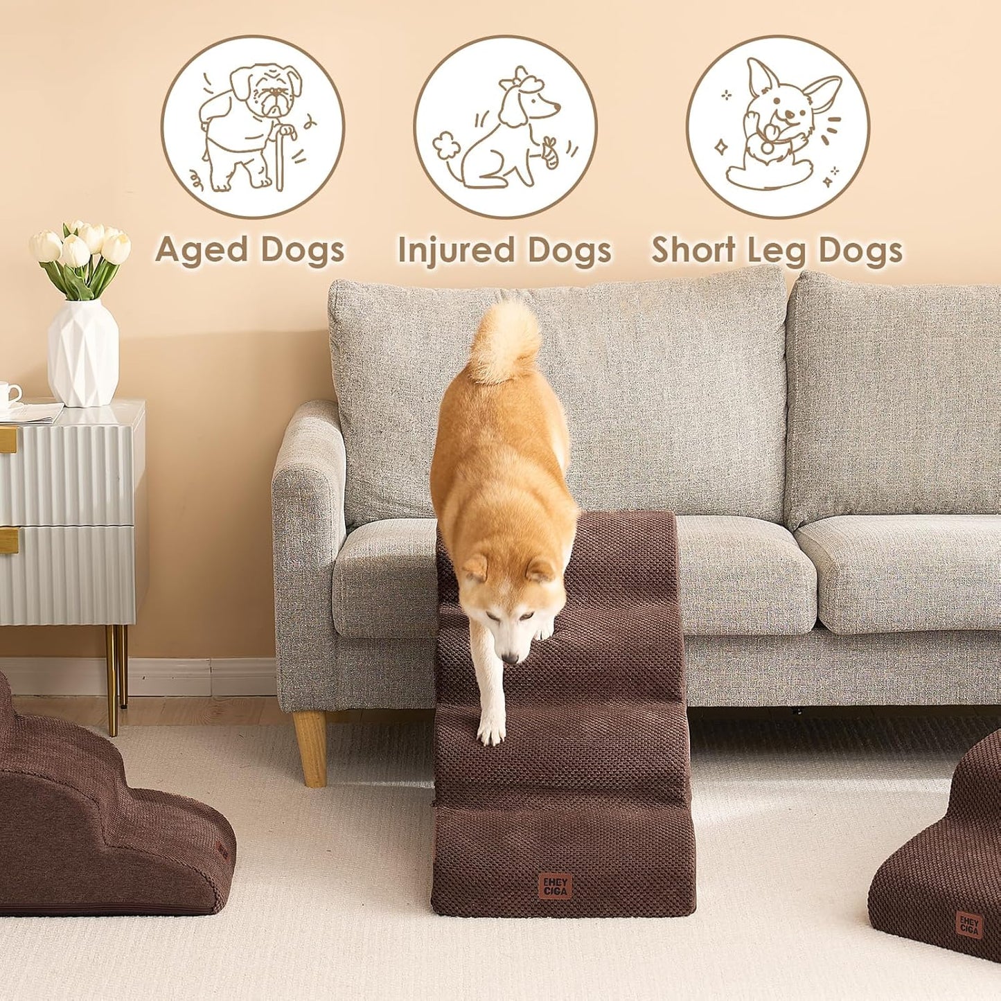 EHEYCIGA Curved Dog Stairs Ramp for High Beds 19.7" H, 4-Step Dog Steps for Small Dogs and Cats, Pet Stairs for High Bed Climbing, Non-Slip Balanced Pet Step Indoor, Brown - Pet Explorer