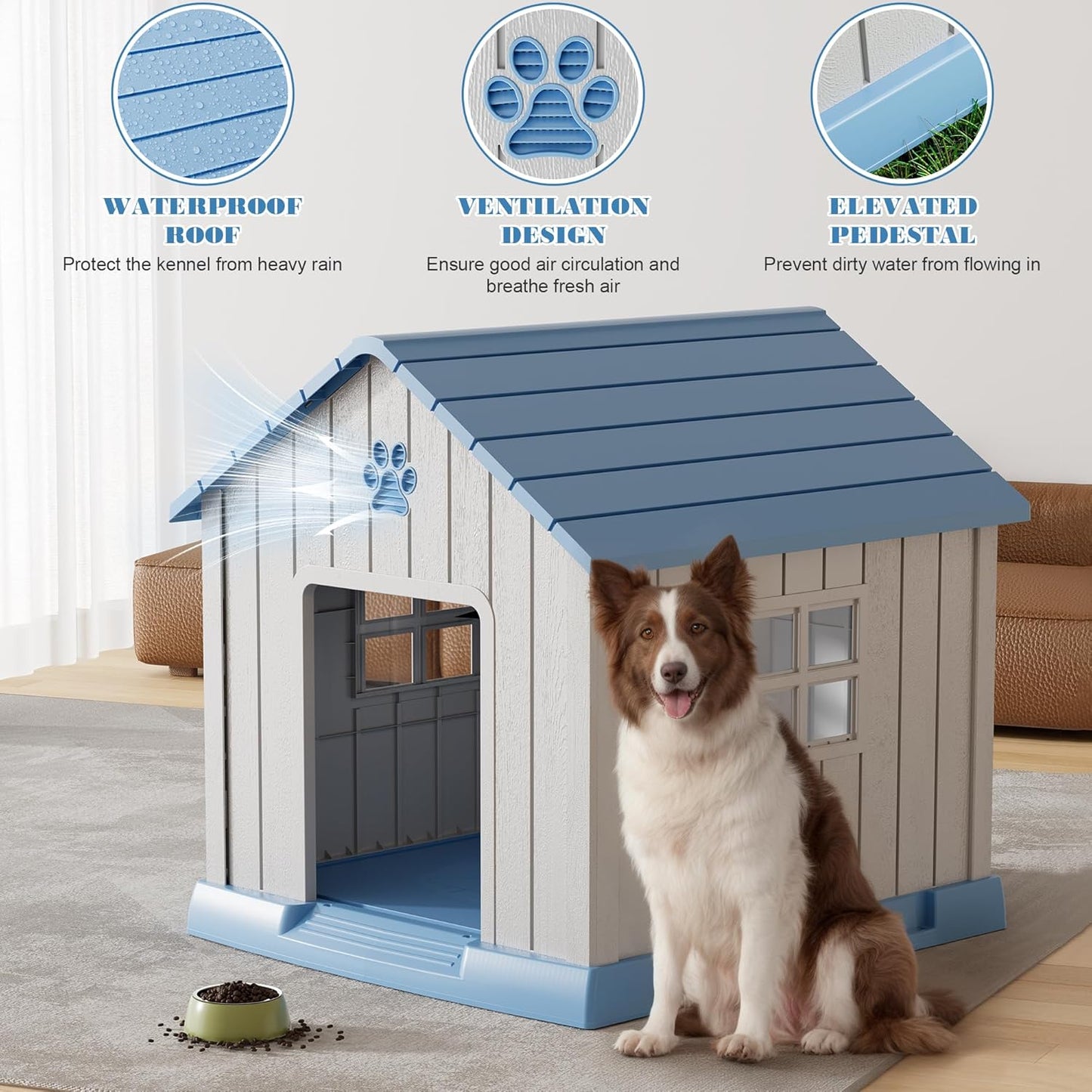 Large Dog House Outdoor Indoor for Medium Large Dogs, Durable Plastic Waterproof Doghouse with Air Vents and Elevated Floor, Easy Clean and Assemble (Blue, 37.2" L x 40" W x 40" H) - Pet Explorer
