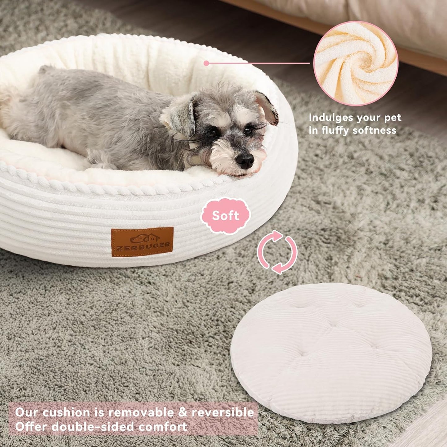 30in Round Dog Bed Sofa for Small/Medium/Large Dogs, Machine Washable Supportive Foam Pet Couch with Washable Removable Mat and Non-Slip Bottom, Pet Cuddler for Indoor/Outdoor/Car/Cage, Cream - Pet Explorer