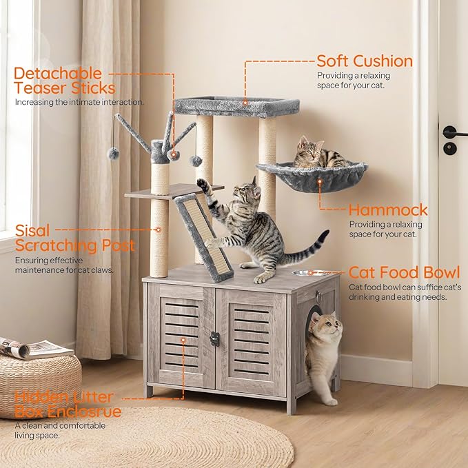 HOOBRO Cat Tree with Litter Box Enclosure, 44" Tall Wooden Cat Tower with Scratching Posts, Cat Hammock, Hidden Litter Box Furniture, All-in-One Indoor Cat Condo, Greige BG48MZ03