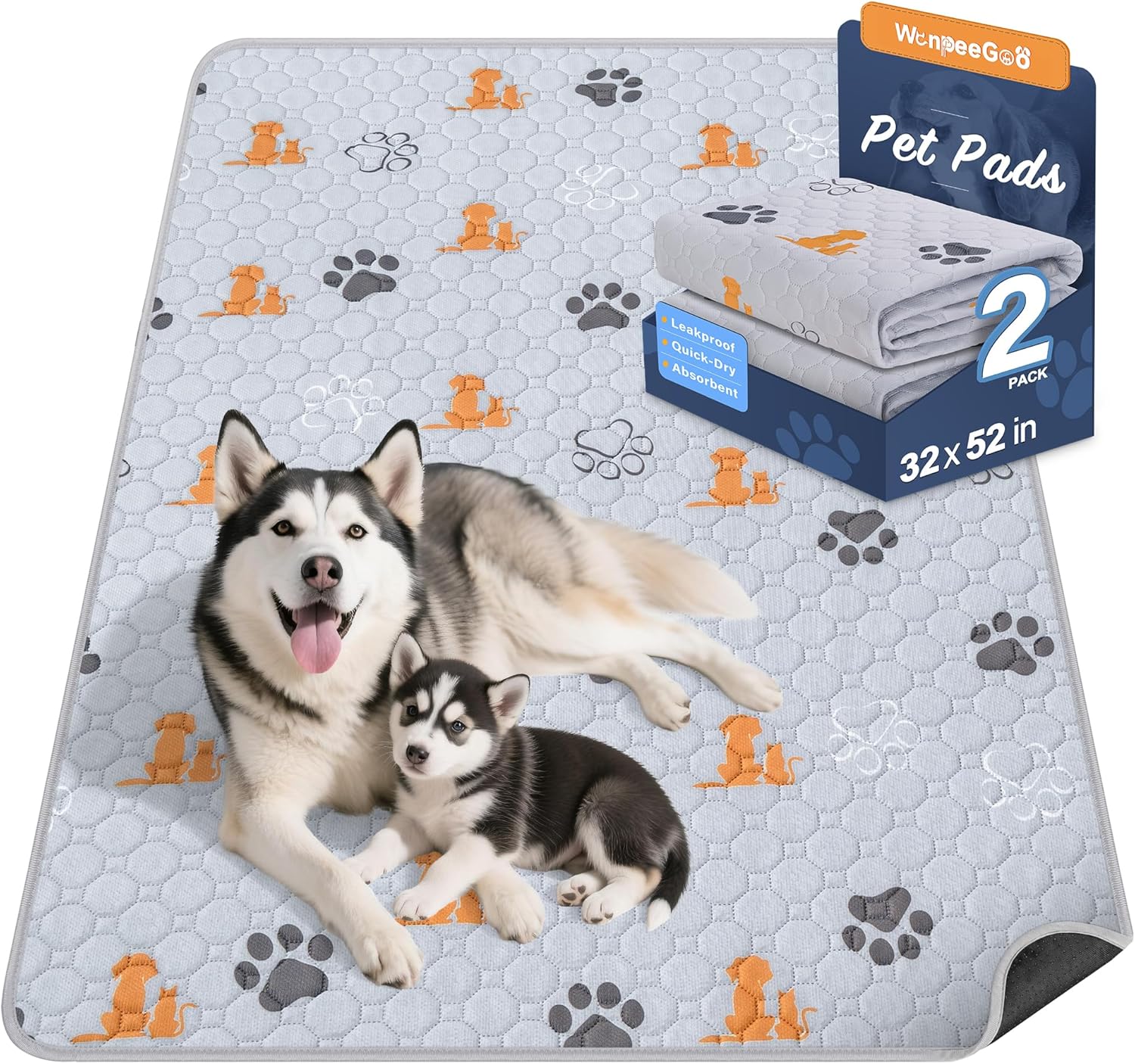 Washable Pee Pads for Dogs, 2 Pack Absorbent Reusable Training Dog Pads Pet Puppy Pads, Non-Slip Potty Pads for Whelping, Playpen, Crate, Bed, Orange, 32"x52" - Pet Explorer