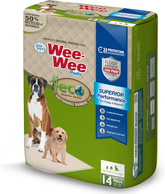 Four Paws Wee-Wee Superior Performance Bamboo Pee Pads for Dogs, Earth Friendly Dog & Puppy Potty Training Pads, Crate Liners, Housebreaking Supplies, 22" x 23" (14 Count) - Pet Explorer