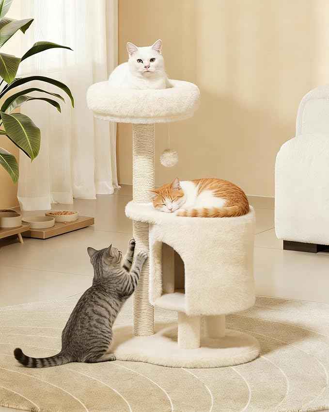 Cat Tree, 34.3 Inches Cat Tower with Scratching Post, Condo, Interactive Hanging Ball, Plush Perch for Indoor Large Cats, Beige