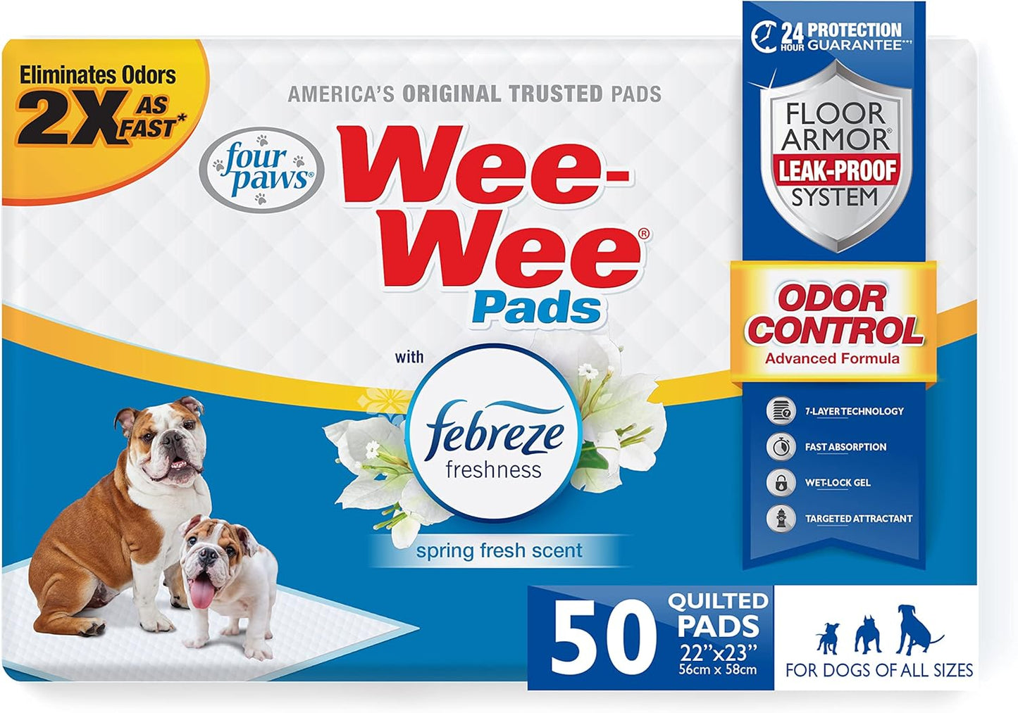 Four Paws Wee-Wee Odor Control with Febreze Freshness Pee Pads for Dogs & Puppies, Leak-Proof Dog Housebreaking Potty Training Floor Protection, Spring Fresh Scent, 22" x 23", 50 Count - Pet Explorer
