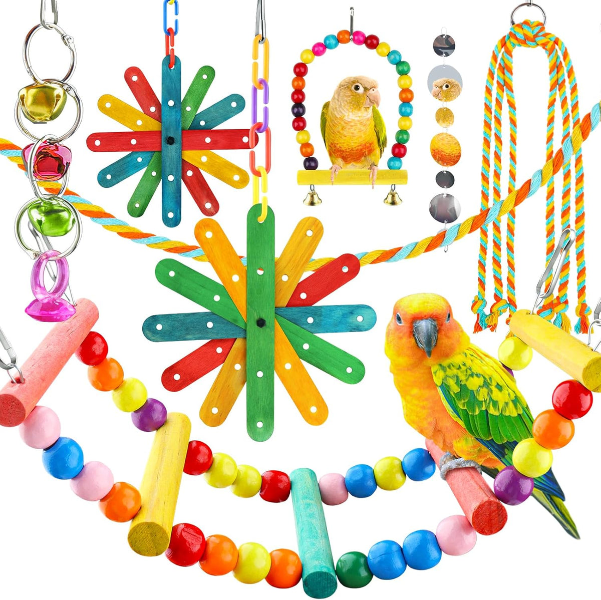 8 pcs Bird Toys for Parakeets with Colorful Ladder Hammock Bird Cage Accessories Bird Perch Stand Chewing Toys Hanging Bell Parrot
