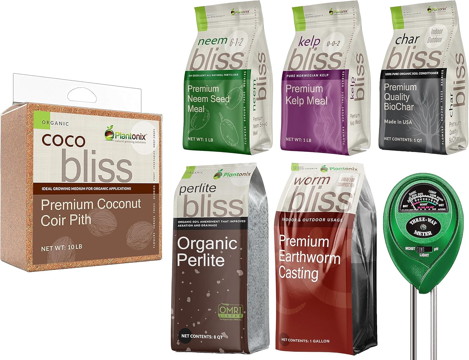 Coco Coir Brick (10lbs), Organic Perlite, Worm Castings, Neem Seed Meal, Kelp Meal Fertilizer, & Organic Biochar for Plants - Potting Soil & Garden Fertilizer Mix - 100% Natural Gardening Bundle - Pet Explorer