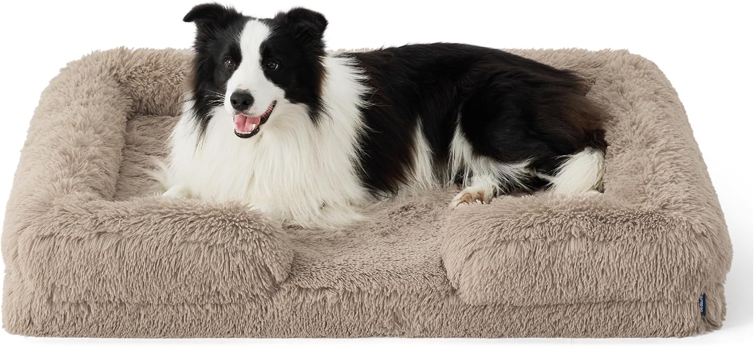 Bedsure Orthopedic Dog Beds Large Sized Dog - Washable Large Dog Cat Bed Waterproof, Comfort Dogs Couch Sofa with Washable Removable Cover, Pet Bed with Nonskid Bottom, Long Faux Fur-Taupe, 35" - Pet Explorer