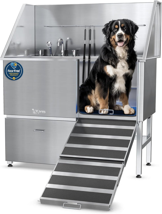 KANIS Professional Dog Washing Station - 304 Stainless Steel Pet Wash Sink & Grooming Bath Tub for Home with Ramp, Shower, Floor Grate, Storage Drawer, Faucet, Drain Kit for Large, Medium & Small Pets - Pet Explorer