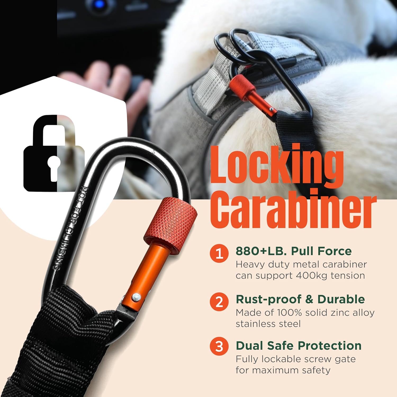 Dog Seat Belt for Car | Universal Dog Car Seatbelt | Durable Reflective Rope with Clip Hook Latch, Buckle and Carabiner- Safe and Secure Pet Safety Restraint (Orange) - Pet Explorer