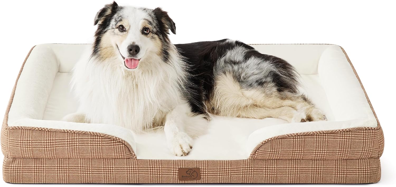 Bedsure XL Orthopedic Dog Bed for Extra Large Dogs - Washable XLarge Dog Cat Bed Waterproof, Comfort Dogs Couch Sofa with Washable Removable Cover, Pet Bed with Nonskid Bottom, Plaid-Brown, 42" - Pet Explorer