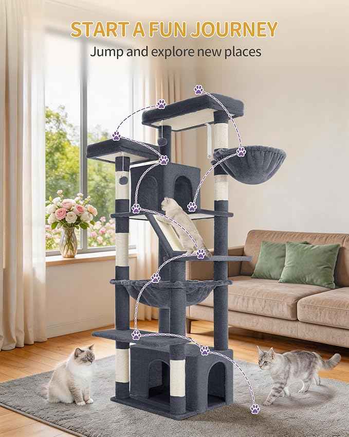 Large Cat Tree, 72 Inch Tall Indoor Cat Tower for 6 Large Cats, Corner Climbing Activity Pet Condo with 2 Large Platforms/2 Cats House/6 Scratching Post/1 Hanging Basket, Dark Gray MS18318SG