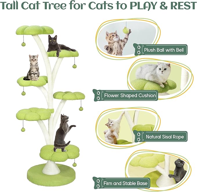 FKWin 71 Inch Tall Cat Tree, Flower Shape Scratching Post, Cat Scratcher, Cat Furniture for Indoor Cats, Kittens Pet House, Cat Bed with Hang Ball, Plush Cat Tower for Large and Small Cats(Green)