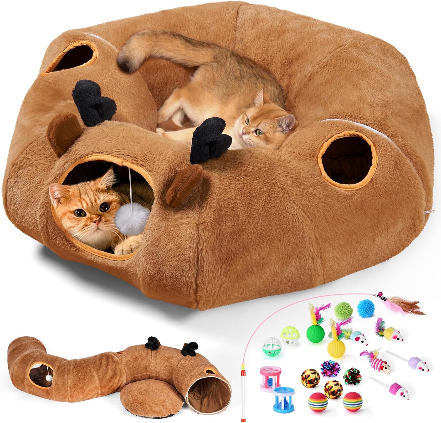 Odoland Reindeer Cat Tunnels Bed with 20 Kitten Toys for Indoor Cats, Plush Cats Couch Tunnel Bed - Kittens Cave Donut Tunnel - Detachable Soft Cat Bed and Variety Kitty Toy Set - Pet Explorer