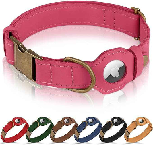 AirTag Dog Collar - Genuine Leather Dog Collar with Apple AirTag Holder and Metal Buckle - Smart GPS Tracking Pet Collars (Pink, XL, 20"-25" Neck Fit)