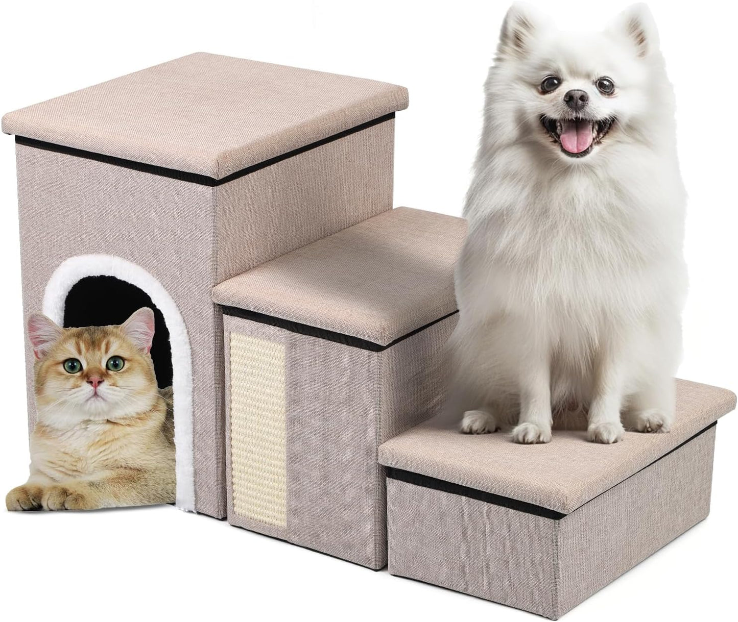 Dog Steps for Bed and Couch, 17”H Foldable Dog Stairs for Small Older Dogs Cats, Adjustable Pet Cat Stairs Ramps with Storage with Condo, Scratcher, Hold Up to 180LBS, Pet Cat Steps Beige - Pet Explorer