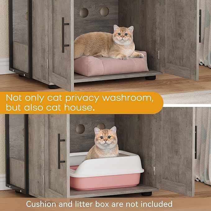 Cat Litter Box Enclosure, Hidden Litter Box Furniture with 3 Storage Shelves and Doors, Rustic Indoor Cat Cabinet, Multi-Functional Storage for Food, Cats Toilet Furniture