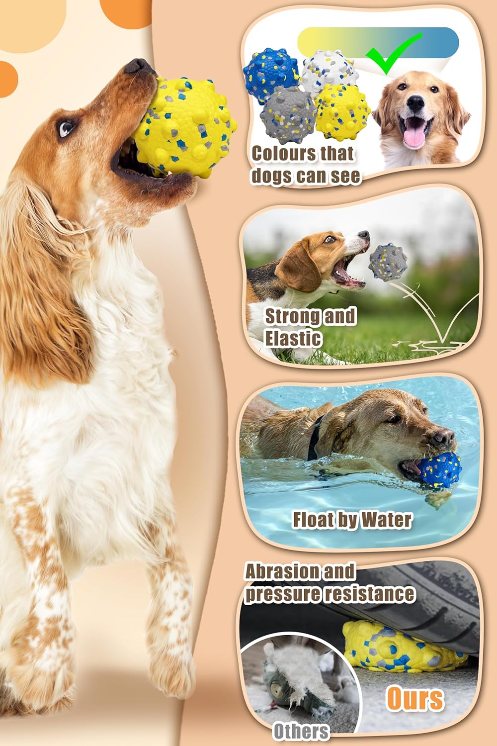 3.7'' Dog Balls for Dogs Aggressive Chewers Indestructible Tennis Durable Bouncy Interactive Dog Toy for Fetch Game Floating Balls (Grey Large)