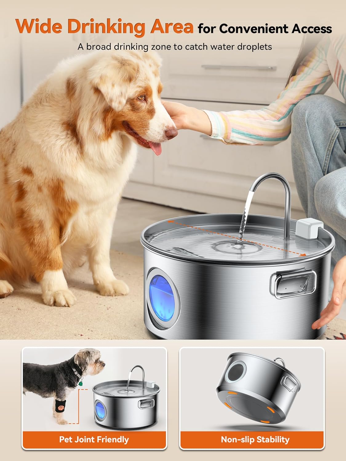 Dog Water Fountain for Large Dogs, 3.2Gal/406oz/12L Stainless Steel Pet Water Fountain, Quiet Dog Water Bowl Dispenser with Visible Window for Large Dog, Multi-pet Home - Pet Explorer