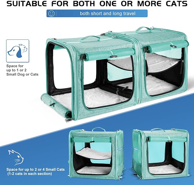 Suertree Large Cat Carrier for 2 Cats with Zipper Locks, Double Cat Carrier with Travel Litter Box, Soft Pet Travel Carrier for Cats and Small Dogs Up to 45 Lbs, Green
