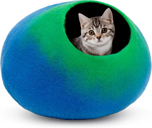 Woolygon Premium Felt Cat Cave Bed – Wool Kitty Beds Handcrafted Kitten Caves Bed for Indoor Cats - Made from 100% Eco-Friendly Merino Wool, Foldable Cat Hidewawy Covered Cat Houses (Emerald Indigo) - Pet Explorer
