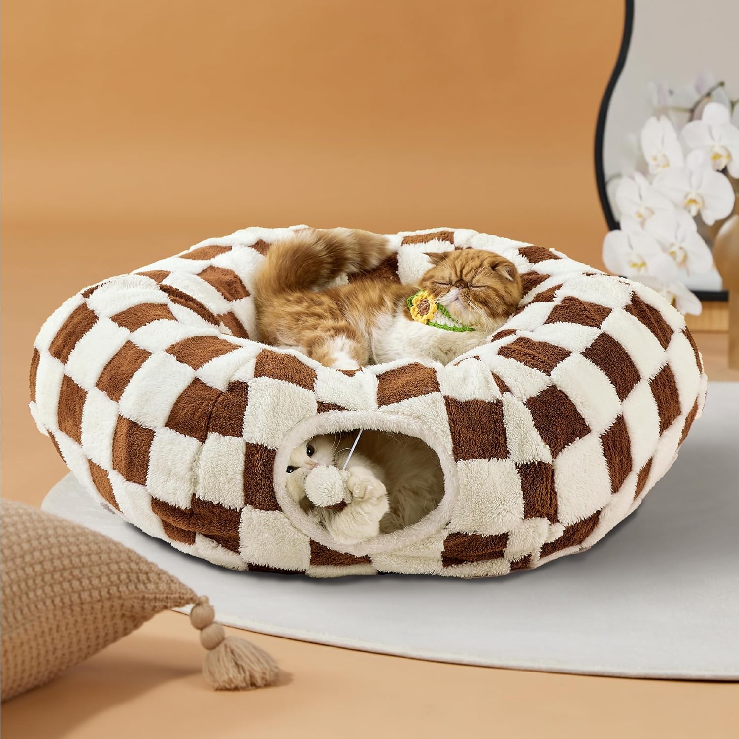 Lesure Cat Tunnel Bed for Indoor Cats - Cute Cat Donut Tunnel Toys for Small Large Cats with Washable Circle Cushion, Round Pet Peekaboo Cave Toy for Kitten/Puppy/Rabbit, Standard Brown - Pet Explorer
