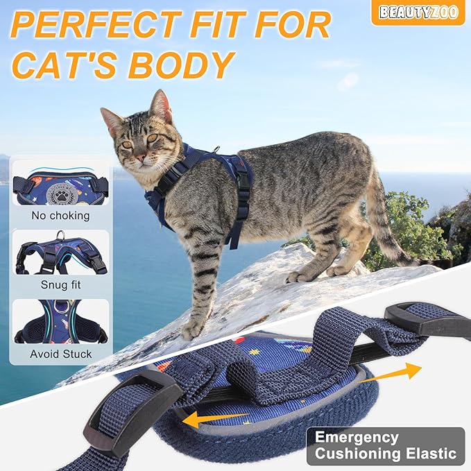 BEAUTYZOO Escape Proof Cat Harness and Leash for Walking, Soft Adjustable Cute Vest for Small to Large Cats, Reflective Breathable Easy-Control Outdoor Jacket, Kitten Harness and Leash Set, Blue, S
