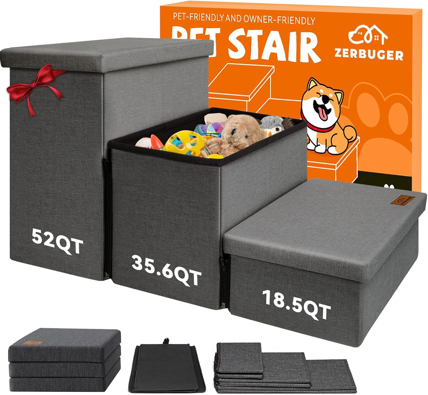 Dog Stairs with Storage 18" H, 3-Step Wider Dog Steps for Small/Medium/Large Old Dogs Cats, Folding Sturdy Pet Stairs Climbing Bed Couch, Ramp for Car Hold Up to 200 lbs (Dark Grey, No Condo) - Pet Explorer