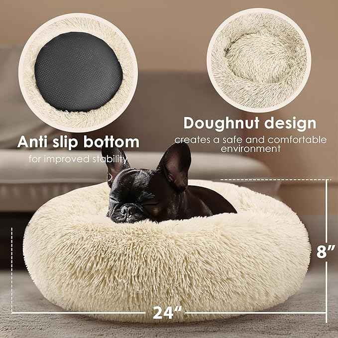 Dogs Bed for Small Dogs, Anti-Anxiety Washable Round Bed (Light Brown, 24.0" L x 24.0" W x 8.0" Th)