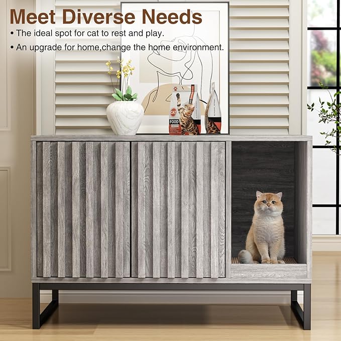 Litter Box Enclosure, Modern Cat Litter Box Enclosure Furniture Hidden Litter Box with Cat Scratch Pad, Cat Washroom Cat House End Table, Entryway Bench for Livingroom (Grey)