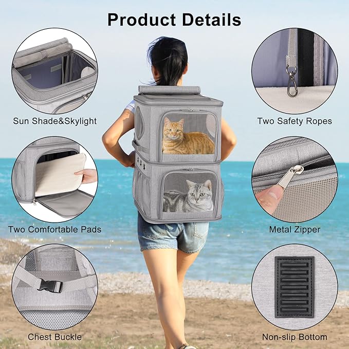2-in-1 Extra Large Double Pet Carrier Backpack for Small Cats and Dogs, Portable Pet Travel Carrier, Super Ventilated Design, Ideal for Traveling/Hiking/Camping, XL