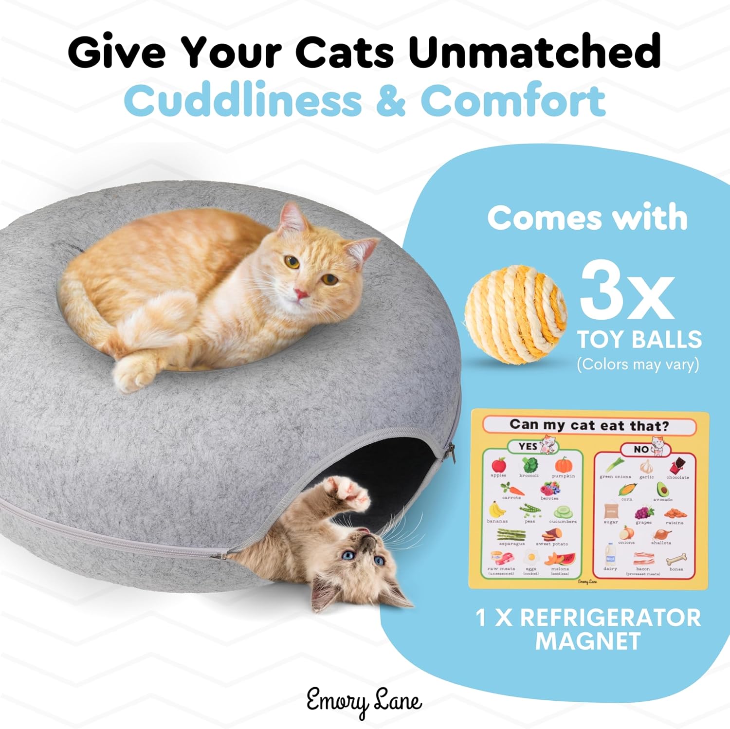 Emory Lane - Premium Cat Cave for Small Pets, Multifunctional Donut Tunnel Bed for Indoor Pets, Round Felt Pet Cave with Premium Zipper, for Pets up to 40 Lbs (24x24x11 Inch) (Light Gray) - Pet Explorer