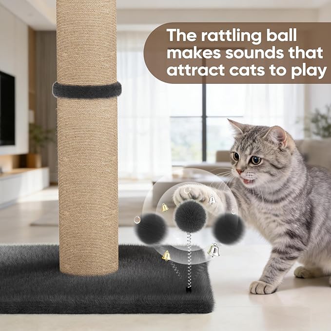 XiaZ Cat Scratching Post 34'' Tall, Heavy Duty Cat Tree Tower for Indoor Kitty with Extra Wide 15.8" Stable Base and 2 Toy Balls, Natural Sisal & Plush Fabric for Small, Medium Cats(Dark Gray, 2.8in)