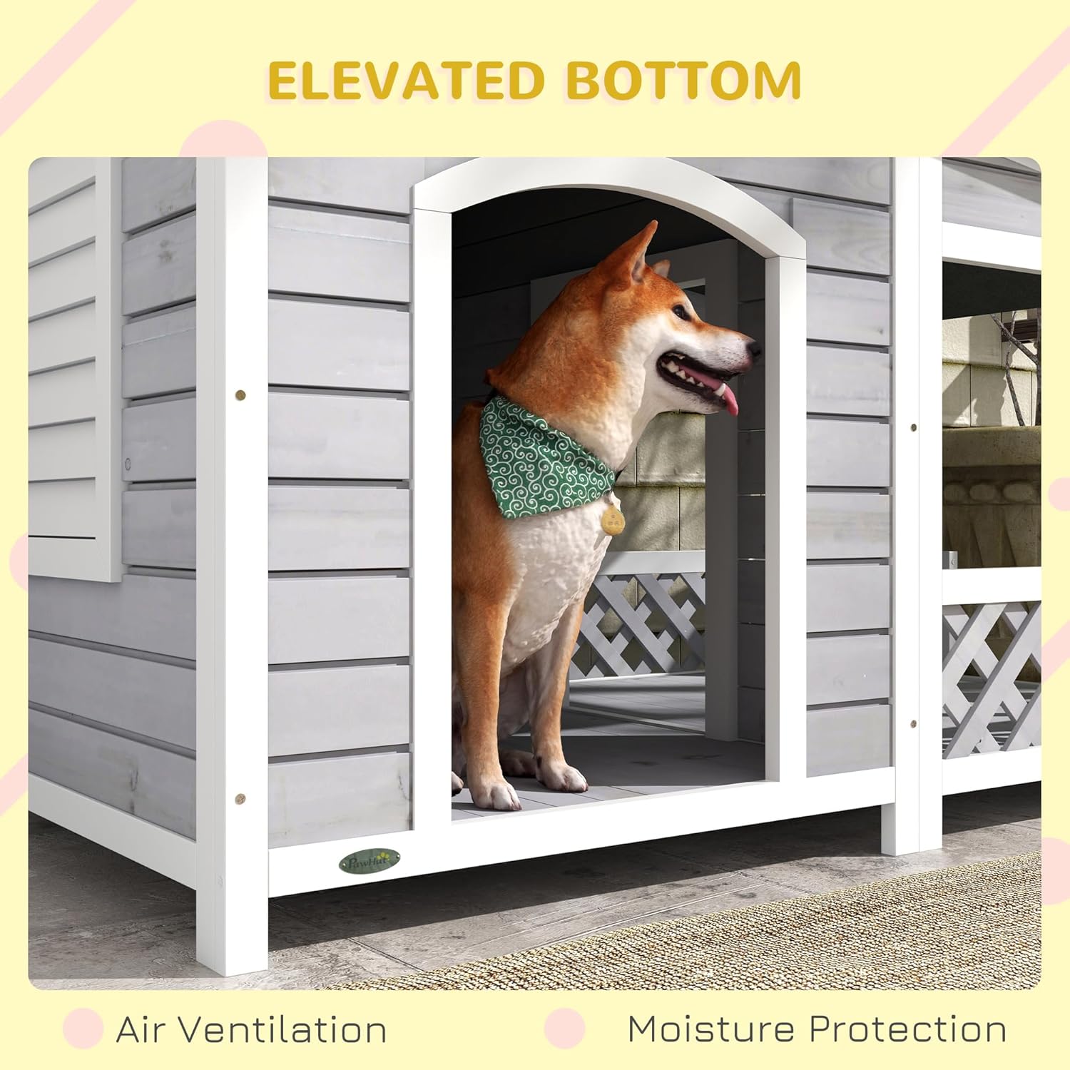 PawHut Wooden Dog House Outdoor with Porch, Cabin Style Raised Dog Shelter with Asphalt Roof, Doors, and Shutter Window, for Medium Large Sized Dog, Light Gray - Pet Explorer